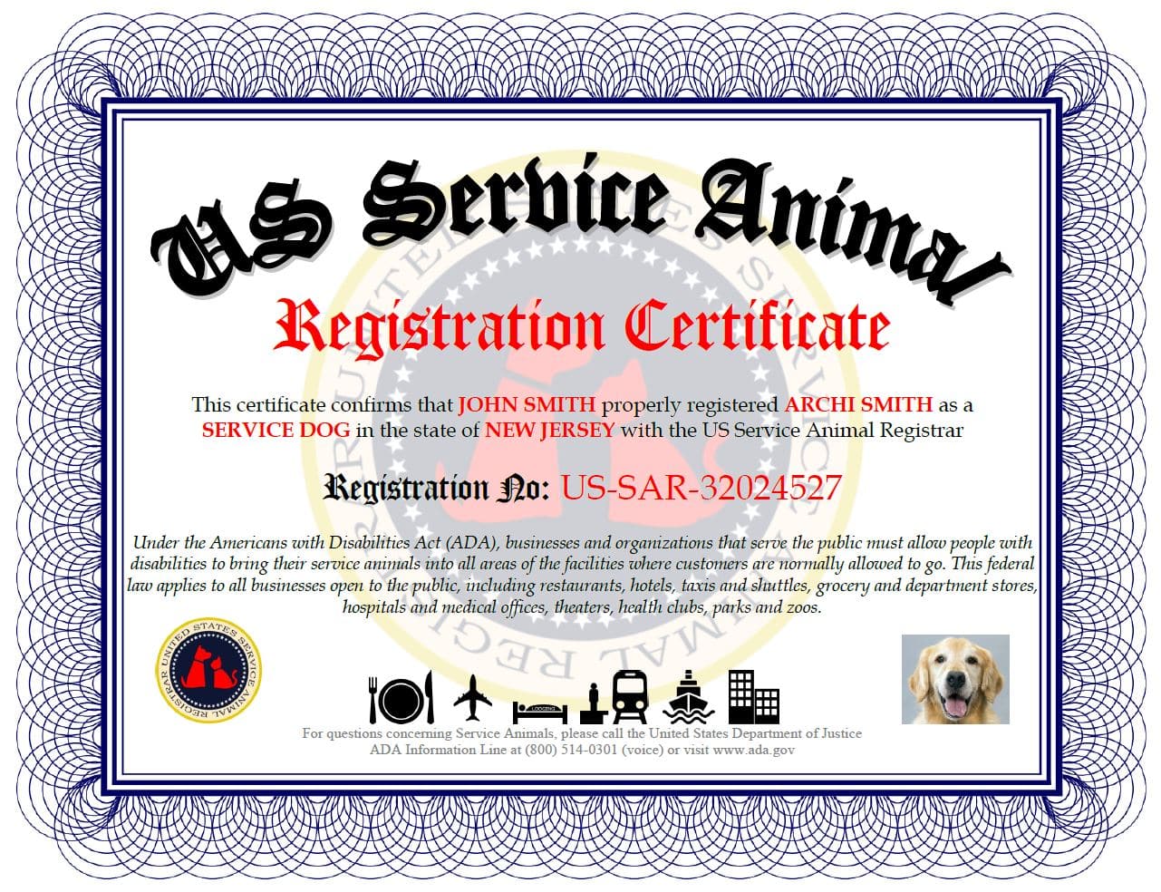Digital Registration Certificate US Service Animal Registrar Digital Registration Certificate US Service Animal Registrar