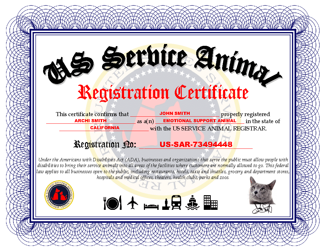 Digital Registration Certificate US Service Animal Registrar