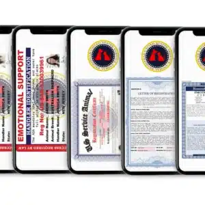 ESA Essential Registration Package displayed on five smartphones showing digital ID cards, registration certificate, letter of registration, and housing accommodation letter
