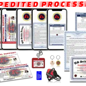 ESA Premium Registration Package showing smartphones with digital documents, printed certificates and letters, red ESA harness, plastic ID cards, badge holder, and metal harness tag