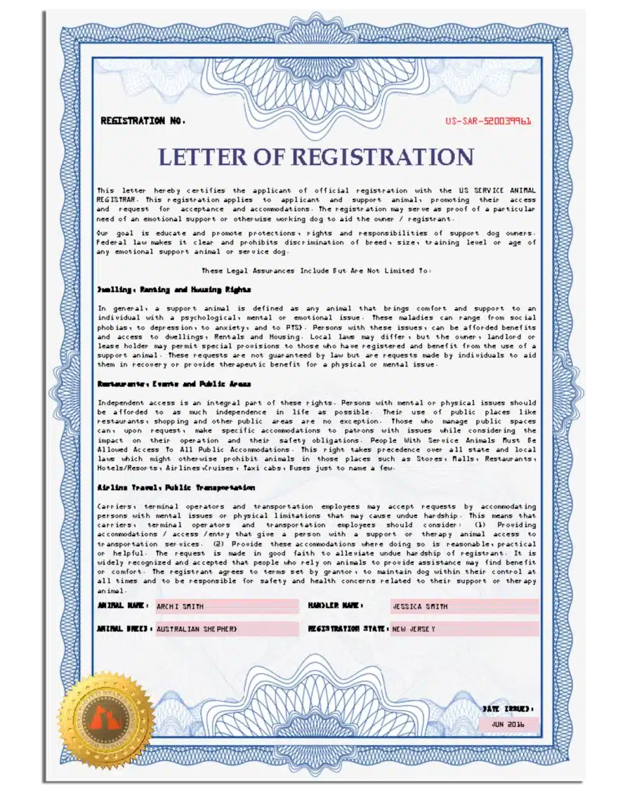 ESA Letter of Registration with Seal