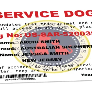 Service Dog plastic ID card showing animal name, breed, handler name, state, registration number, dog photo, barcode, and ADA full access statement issued 2026