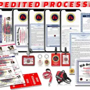 Service Dog Elite Registration Package showing smartphones with digital documents, printed gold-seal certificates and letters, red harness and leash, plastic ID cards, triple harness tags, luggage tag, badge holder with retractable lanyard, metal harness tag, and pre-filled DOT airline forms