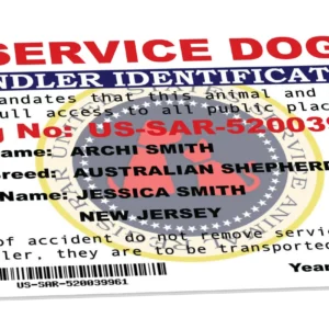 Service Dog Handler Identification plastic ID card showing handler name, animal name, breed, state, registration number, handler photo, barcode, and ADA full access statement issued 2026