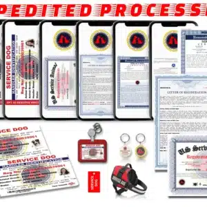 Service Dog Premium Registration Package showing smartphones with digital documents, printed certificates and letters, red service dog harness, plastic ID cards, badge holder, metal harness tag, and pre-filled DOT airline forms